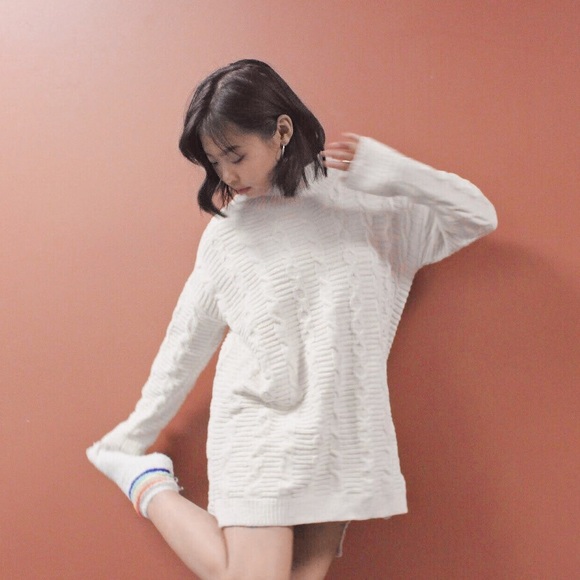 Cream Turtle Neck Slit Mini Dress / Top - Picture 4 of 6